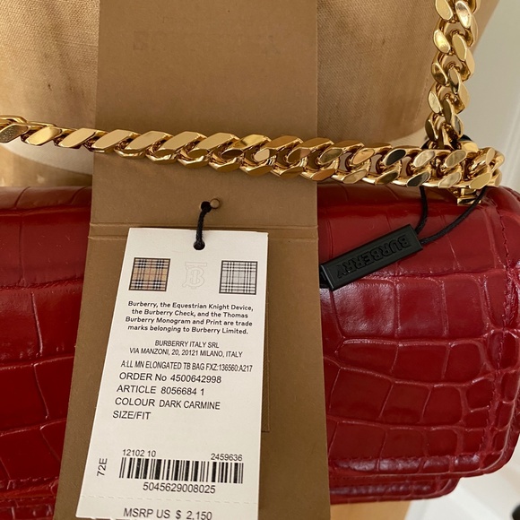 Burberry Dark Carmine Red Croc Embossed TB Chain Strap Crossbody Bag - Picture 14 of 15
